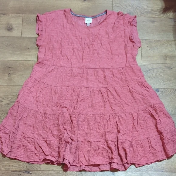 KNOX ROSE Flutter Short Sleeve Textured Tiered A-Line Dress w Pockets Coral XXL - Picture 2 of 8